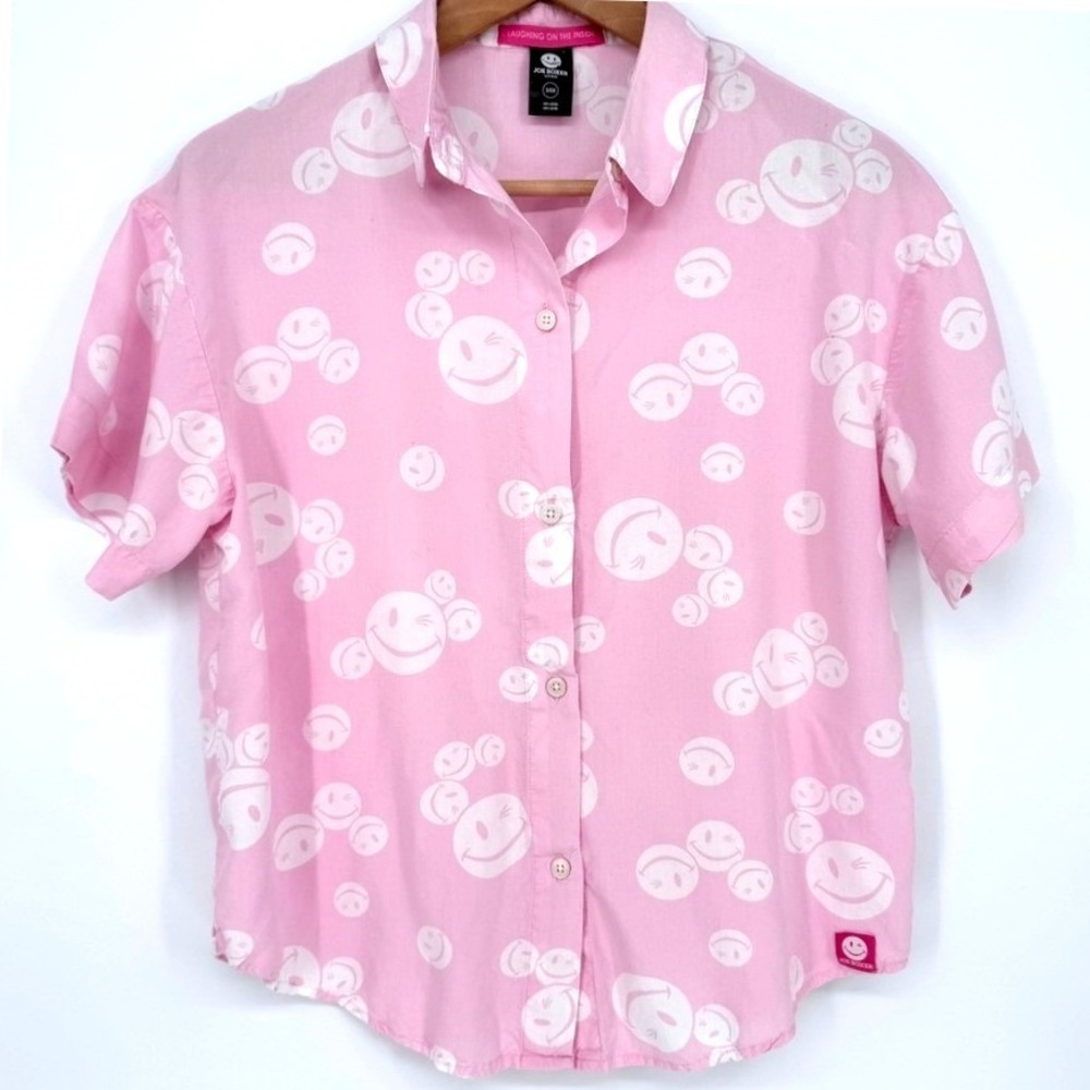 Joe Boxer Pink Smiley Face Button Down Sleep Shirt Short Sleeve Rayon Small
